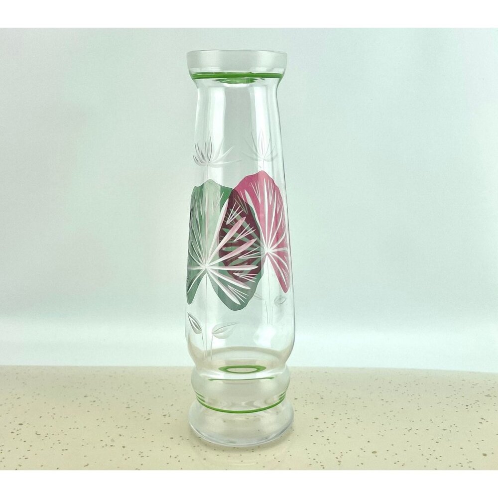 Vintage tall vase, etched glass, lily pads design, cut to clear glass